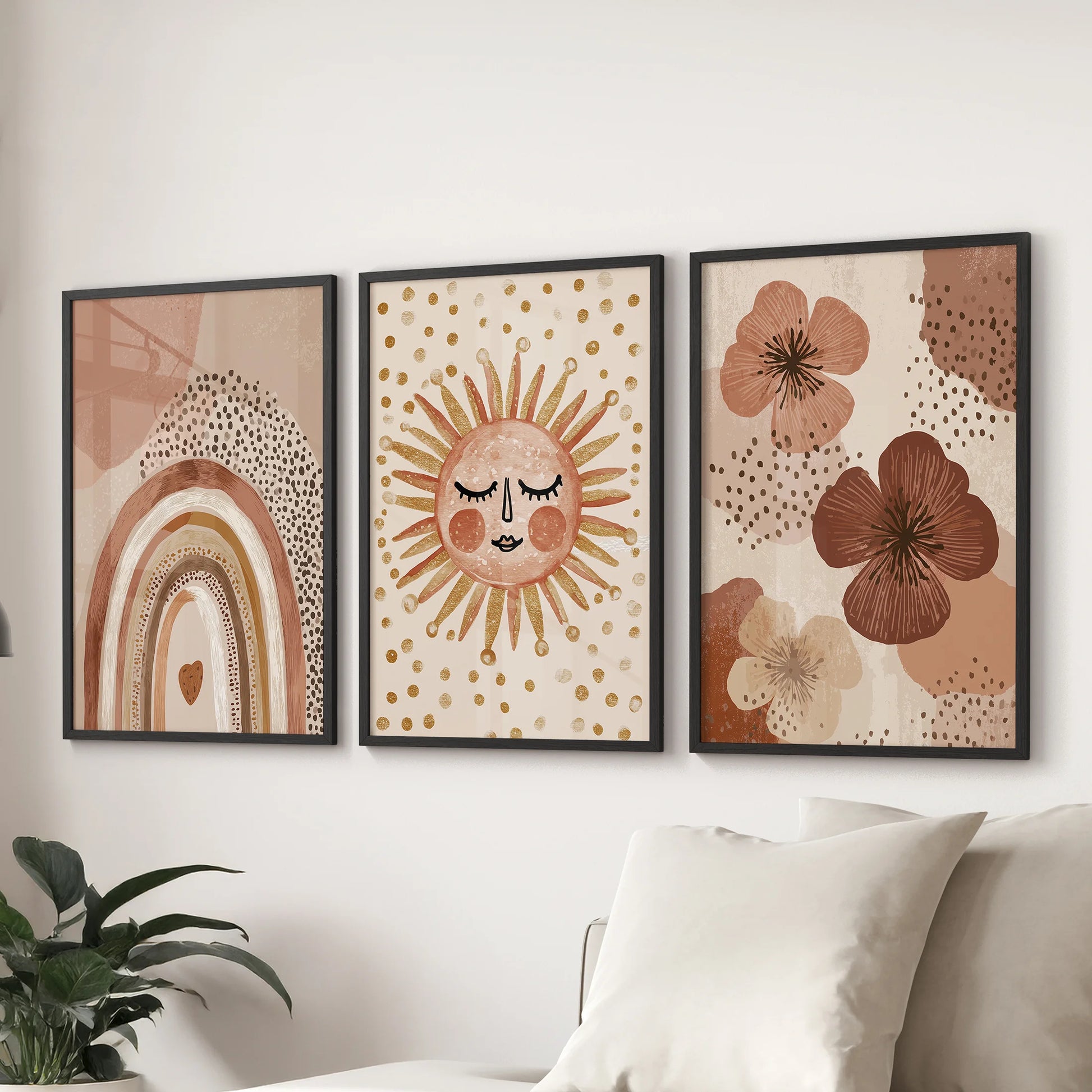 Nursery rainbow, flower in terracotta, beige, and earthy tones wall art of three prints in slim black frames adds a fresh garden mood to the living room, resting easily above the sofa.