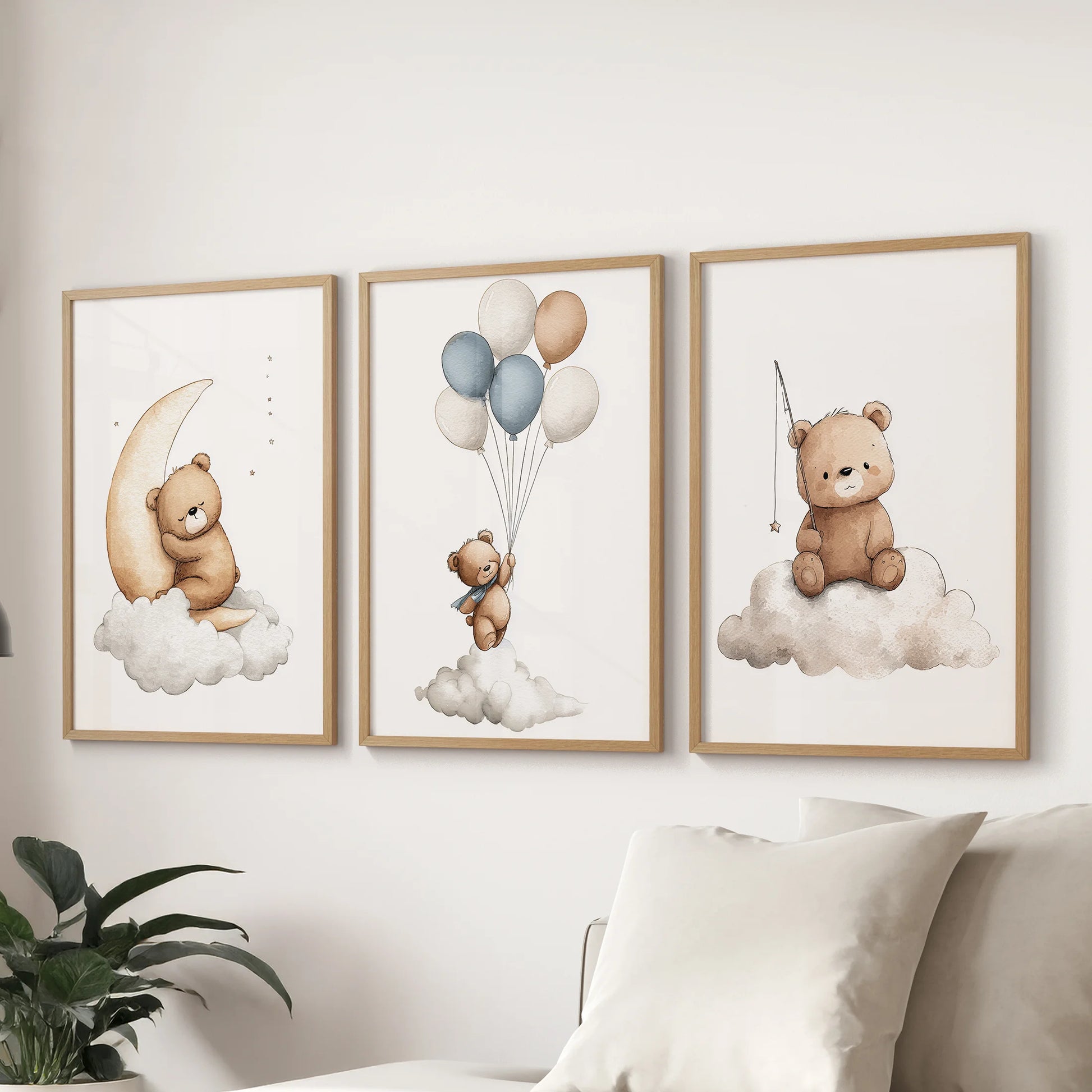 Scandi nursery decor with light wood frames and soft beige bear illustrations. Thinwood frames for living room.