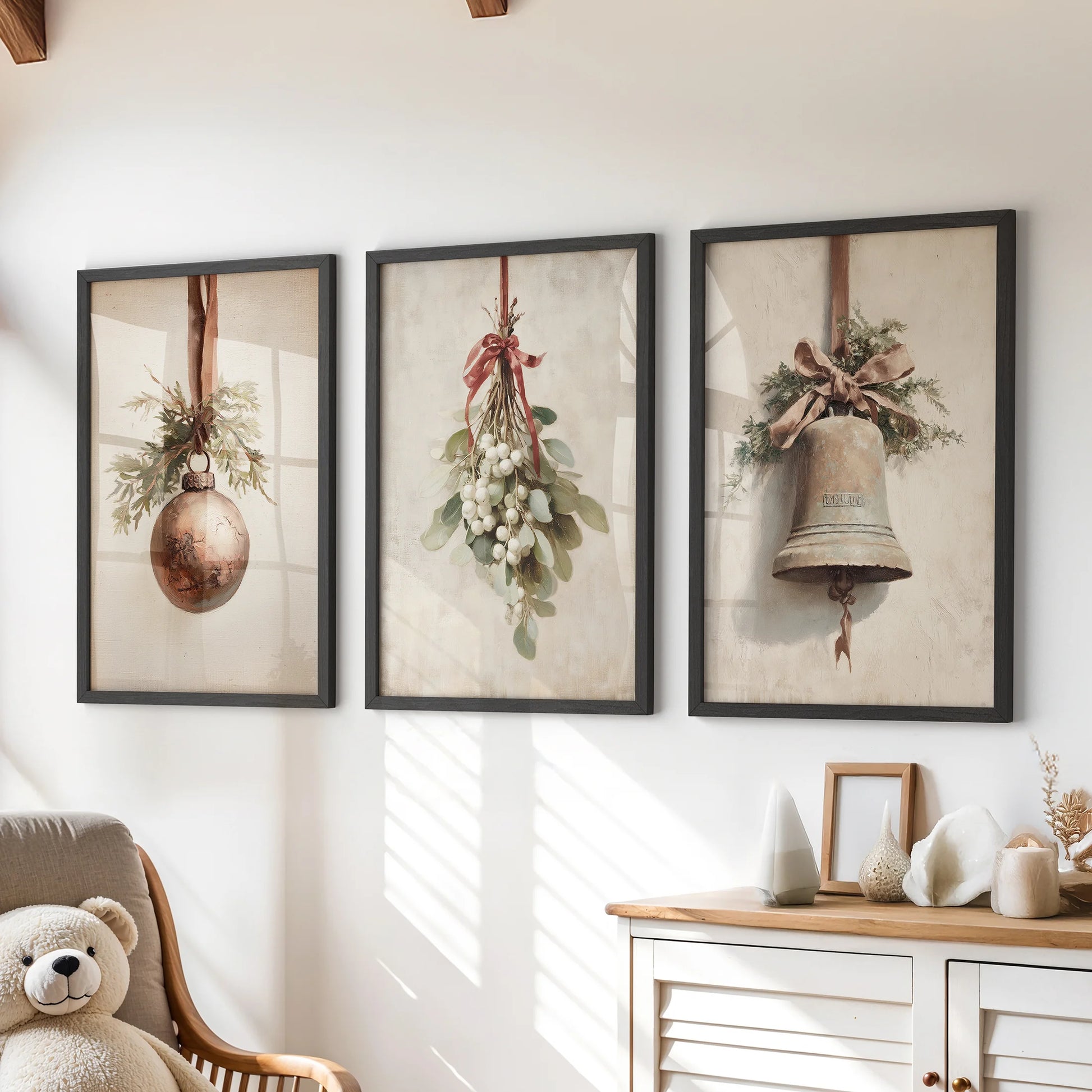 Rustic Christmas prints, a 3-piece set, hang over the dresser in black frames to cozy up a kids room with festive warmth.