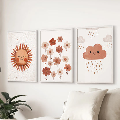 Cozy neutral nursery illustrations, a three-picture wall art set in white frames, displayed behind the family room sofa for a light, playful touch.