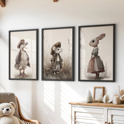 Vintage goose wall art, 3-poster bundle in black frames, arranged over a dresser in a children's room with matching rabbit and mouse prints.