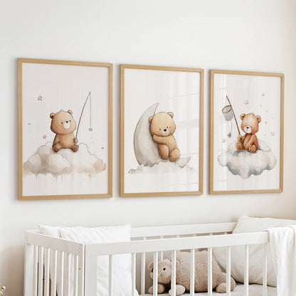 Watercolor teddy bear wall art set of three prints showing bears sitting on clouds and moon in a cozy nursery.