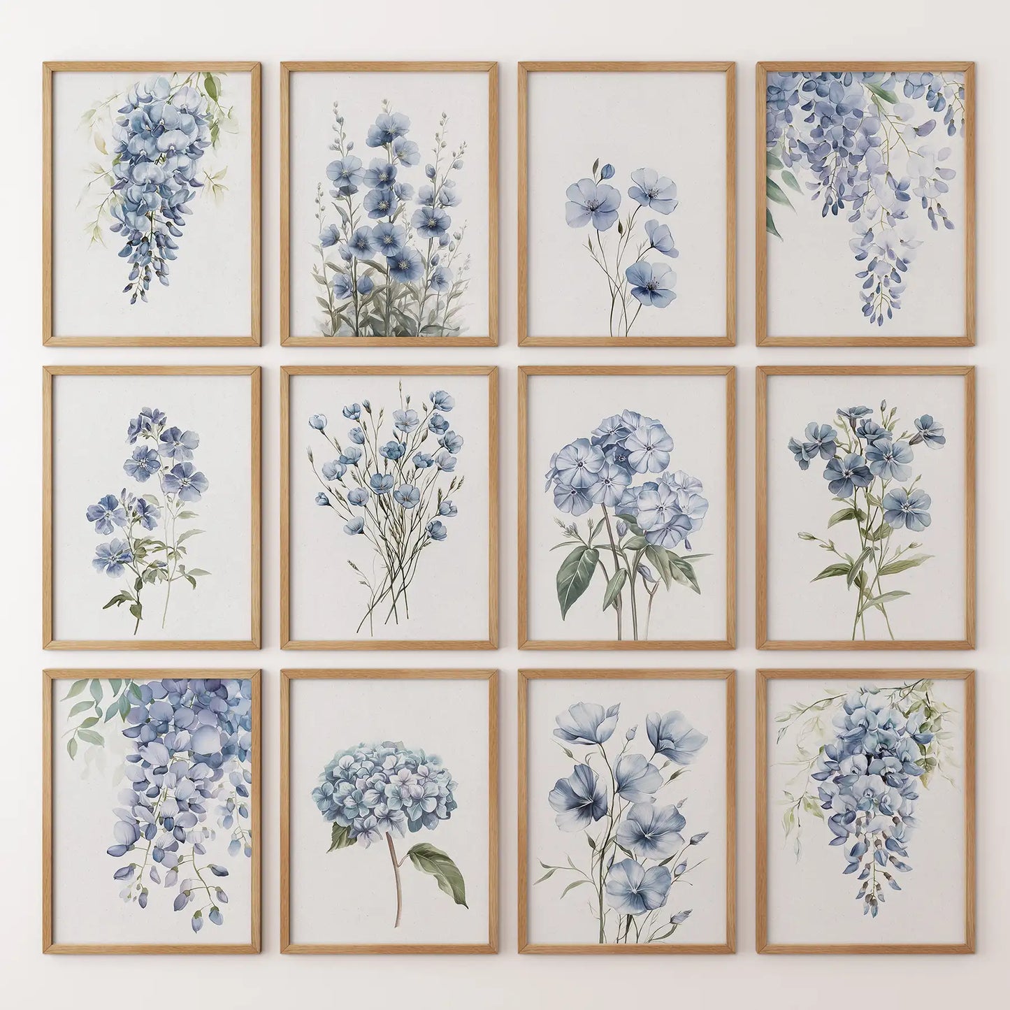 Set of 12 blue floral watercolor prints featuring wisteria, hydrangea, and flax. Thinwood frames for bedroom.