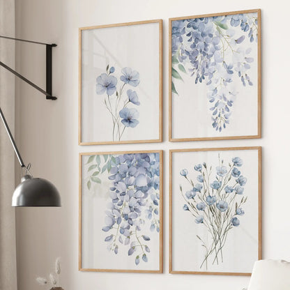 4 piece botanical print set. Modern cottagecore wall prints decor. Thinwood frames for bedroom.