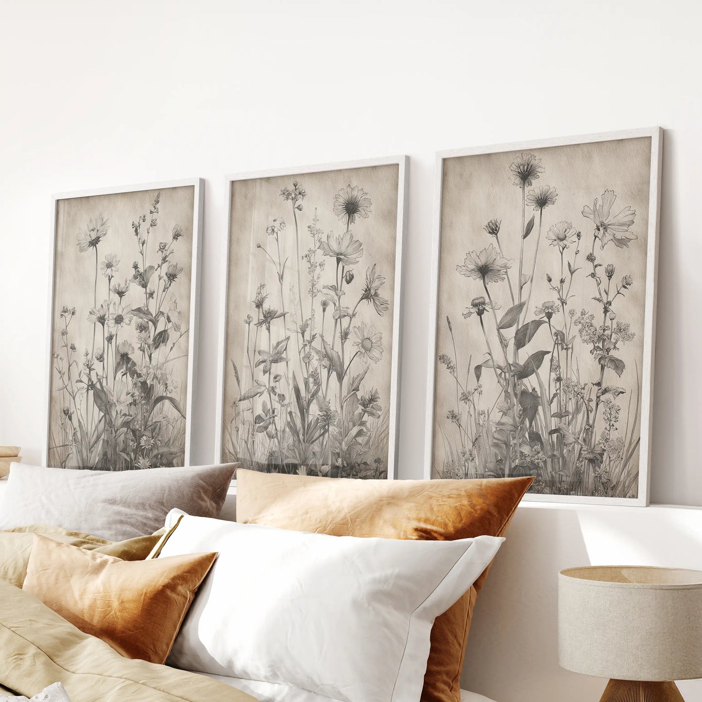 Black flower illustrations, a set of three framed wall prints in white, balance the bedroom and sit neatly above the headboard.