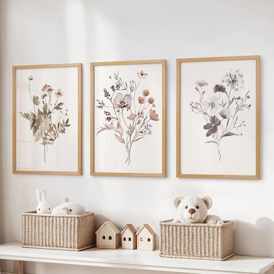 Watercolor botanicals wall art, a 3-print wall art set in natural oak frames for the rustic home wall decor.