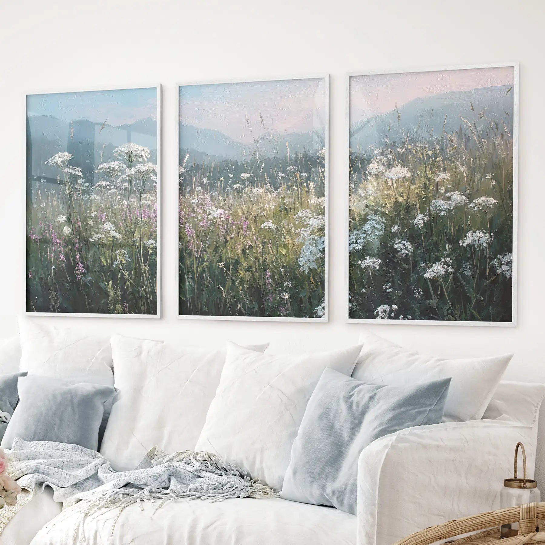 Cottagecore style nature wall art featuring wildflowers and soft mountains. White frames for living room.