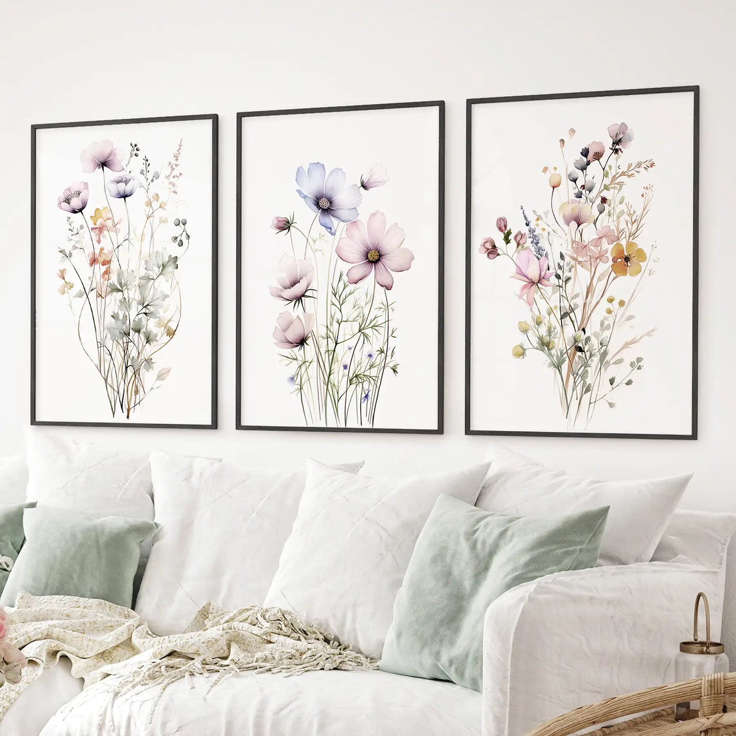 Elegant botanical wall prints with cottagecore style. Summer flowers bouquet art decor. Black frames for living room.