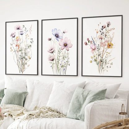 Elegant botanical wall prints with cottagecore style. Summer flowers bouquet art decor. Black frames for living room.