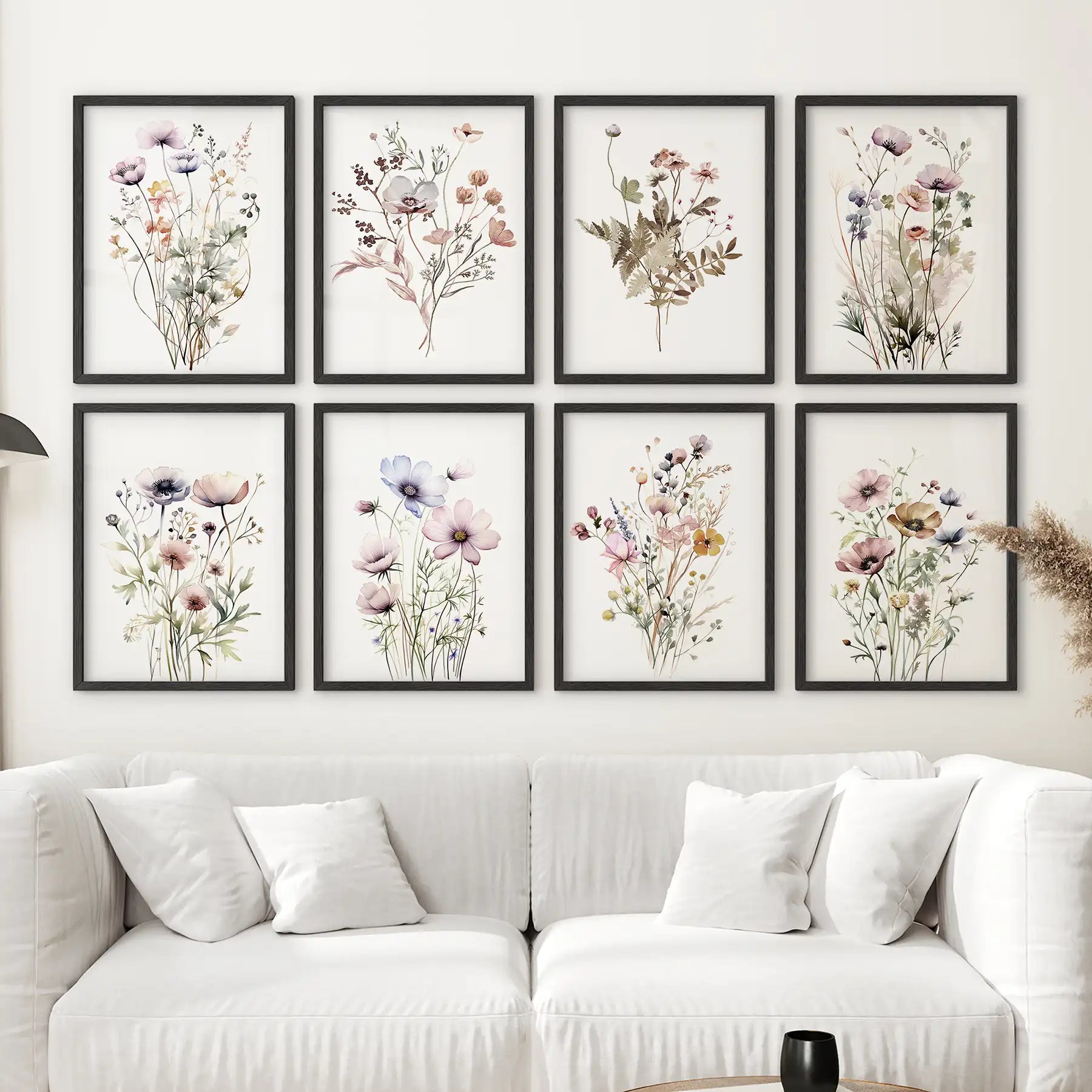 Elegant watercolor flower art in black frames, nature-inspired gallery set of 8