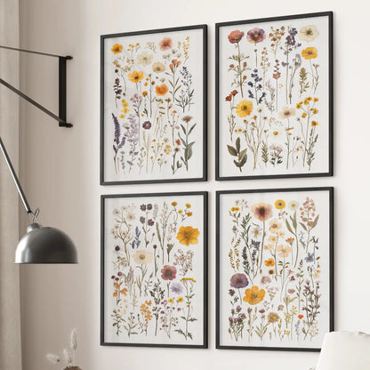 Modern wildflower wall art set featuring herbarium-style floral illustrations. Black frames for living room.