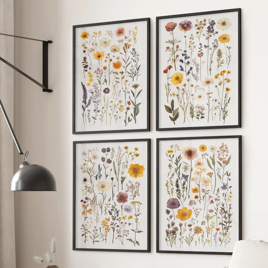 Modern wildflower wall art set featuring herbarium-style floral illustrations. Black frames for living room.