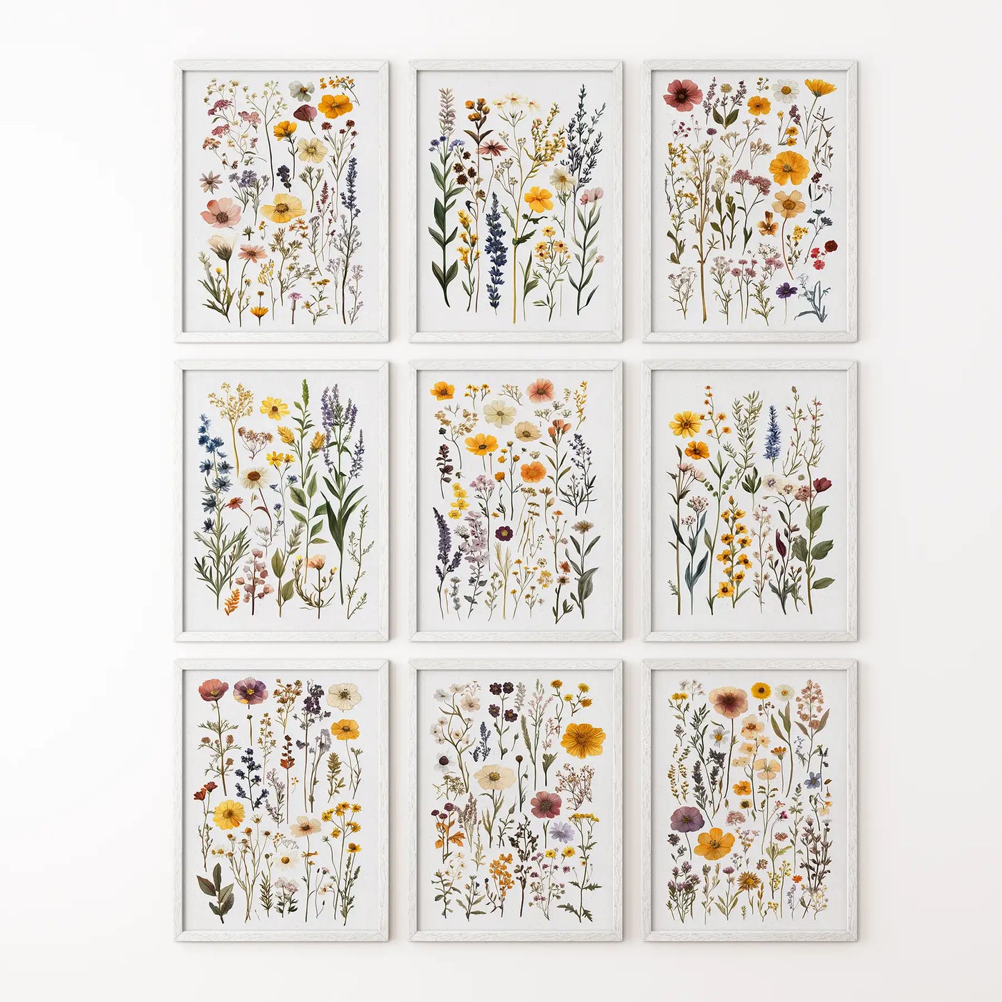 Set of 9 watercolor flowers print. Trendy large poster wall decor. White frames for bedroom.