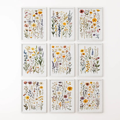 Set of 9 watercolor flowers print. Trendy large poster wall decor. White frames for bedroom.