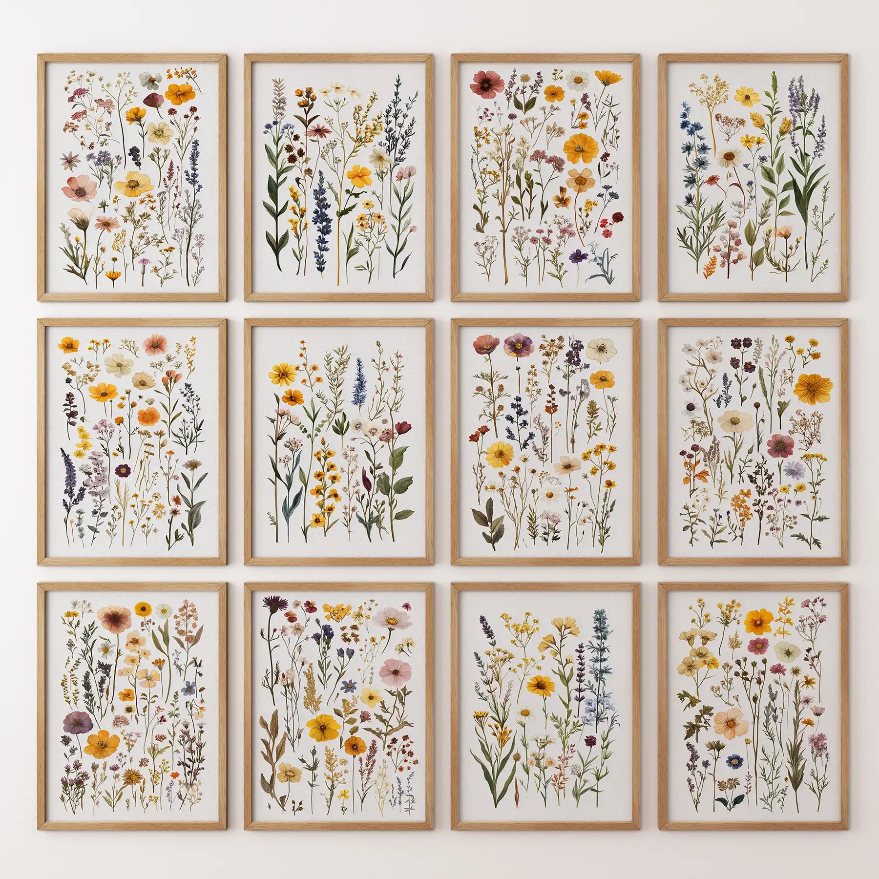 Colorful botanical wall art set of 12 floral prints with wildflowers and herbs. Thinwood frames for bedroom.