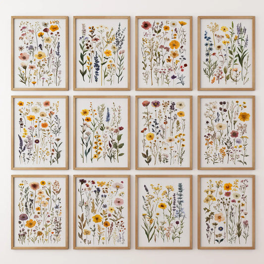 Colorful botanical wall art set of 12 floral prints with wildflowers and herbs. Thinwood frames for bedroom.