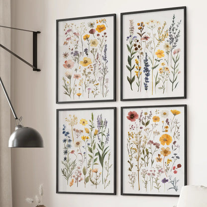 Cottagecore wildflower prints set of 4 watercolor floral artworks with poppies, daisies, and lavender. Black frames for bedroom.