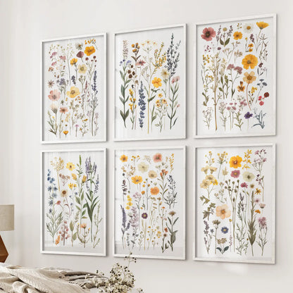 Botanical wall art set of 6 prints featuring colorful wildflowers  on a neutral wall. White frames for bedroom.
