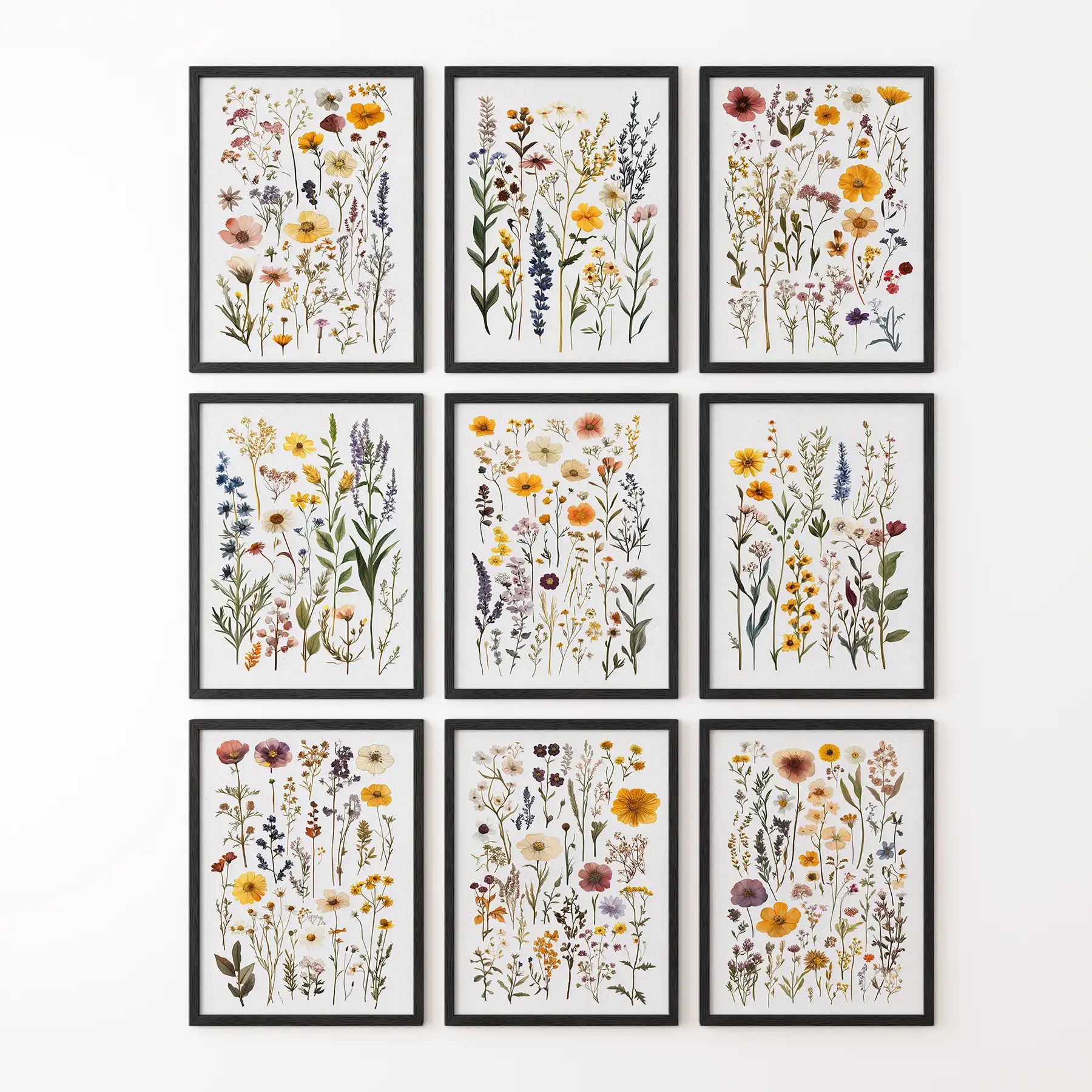 Wildflowers watercolor painting meadow art print. Rustic home decor botany wall decor. Black frames for dorm room.