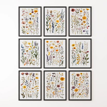 Wildflowers watercolor painting meadow art print. Rustic home decor botany wall decor. Black frames for dorm room.