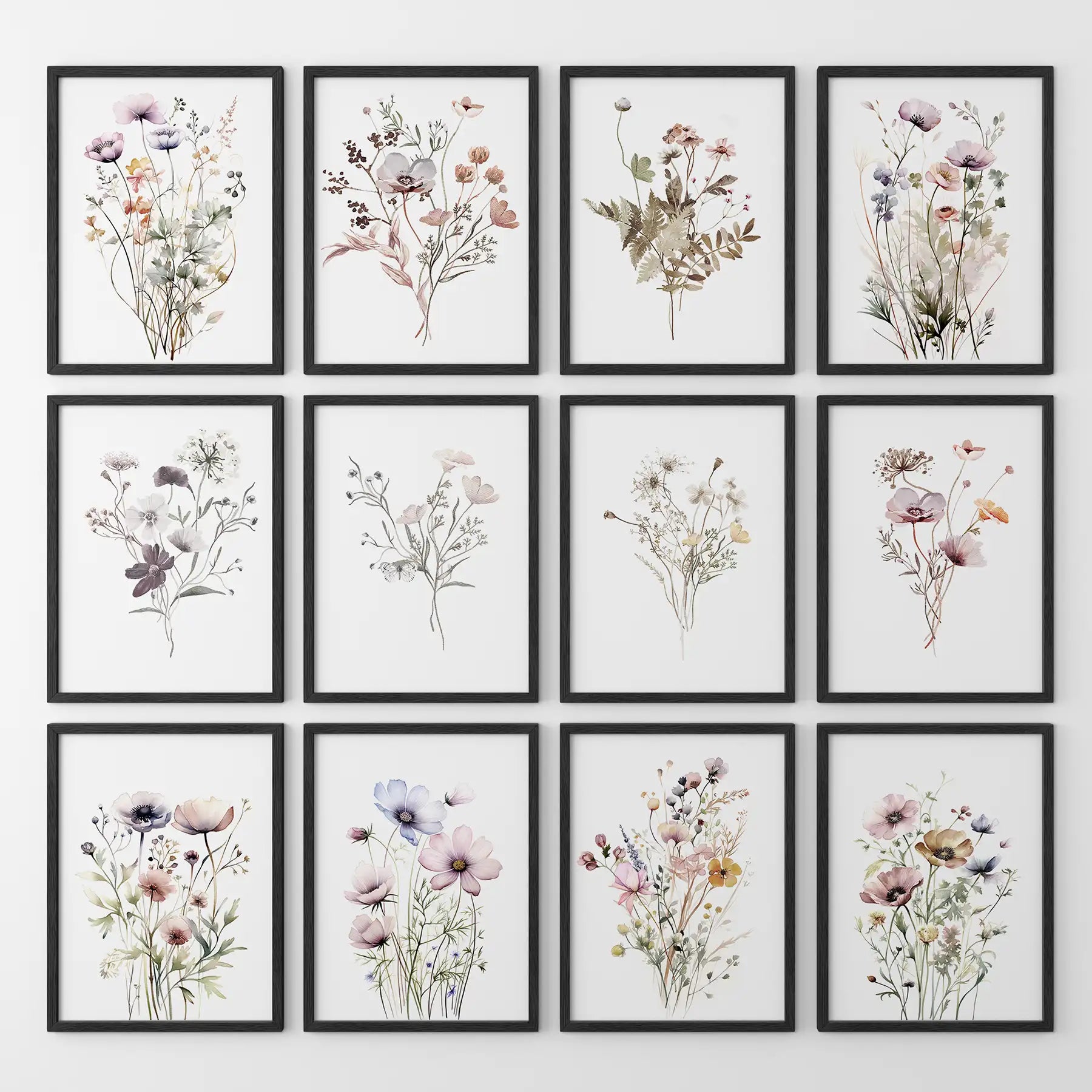 Cottagecore botanical wall art. Watercolor flower bouquet prints. Black frames for neutral room.