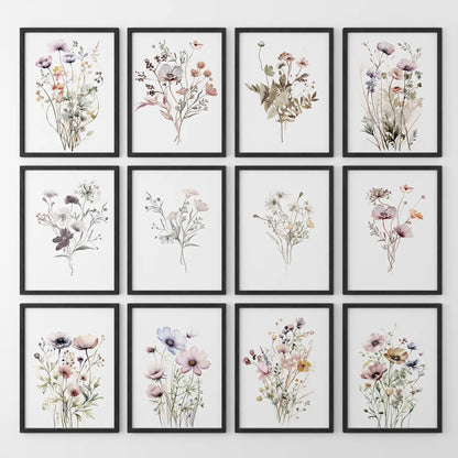 Cottagecore botanical wall art. Watercolor flower bouquet prints. Black frames for neutral room.