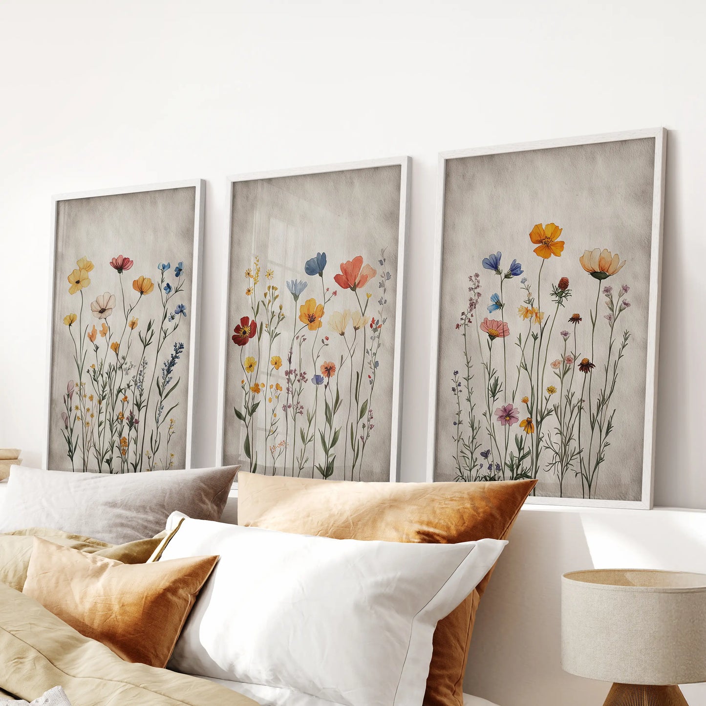 A three-poster wall art set in white frames displays boho wildflowers, aligned evenly above the headboard to complete a serene bedroom look.