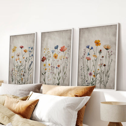 A three-poster wall art set in white frames displays boho wildflowers, aligned evenly above the headboard to complete a serene bedroom look.