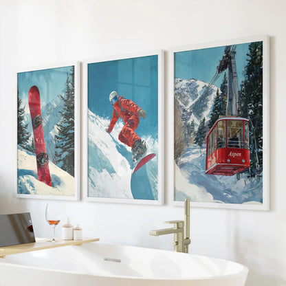 Vintage snowboarder prints, a 3-piece art print set in white frames, glide above the freestanding tub to bring crisp slope motion to the bathroom.