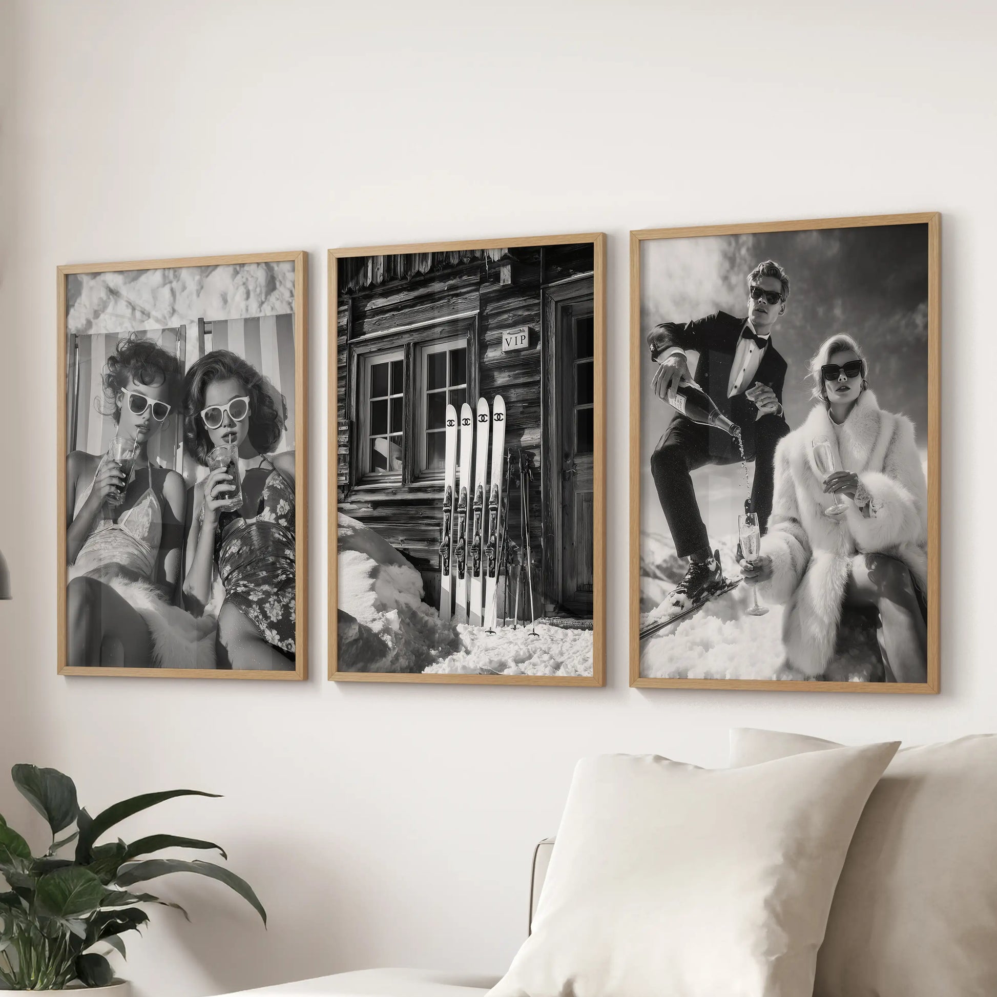 Après-ski pints, a three-piece wall hanging in natural oak frames, stretches behind the sectional in the living room for a crisp, vintage bar-cart statement.