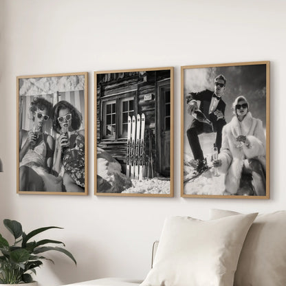 Après-ski pints, a three-piece wall hanging in natural oak frames, stretches behind the sectional in the living room for a crisp, vintage bar-cart statement.