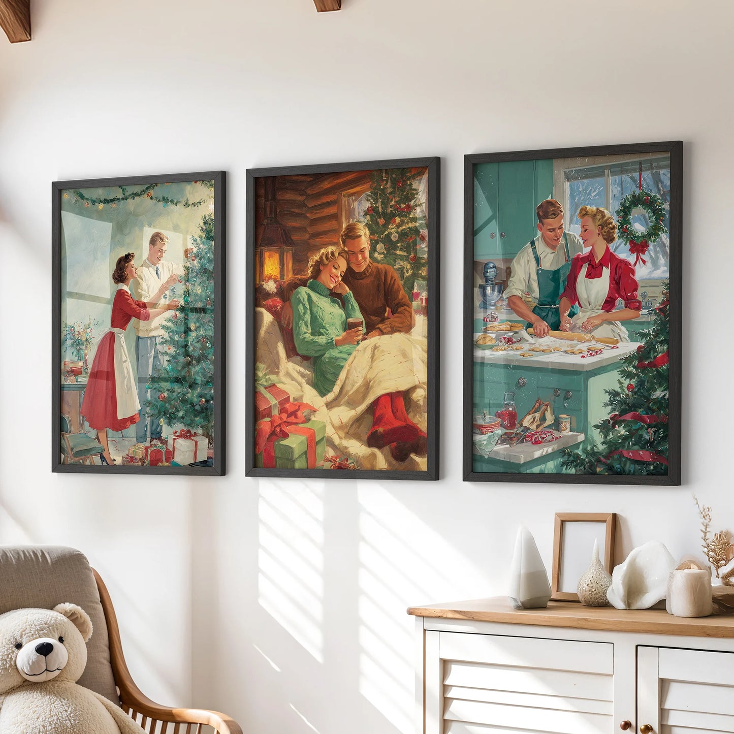 Xmas retro illustrations, 3 print wall art set in black frames for a playroom over the chest of drawers, bring a nostalgic sparkle.