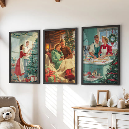 Xmas retro illustrations, 3 print wall art set in black frames for a playroom over the chest of drawers, bring a nostalgic sparkle.