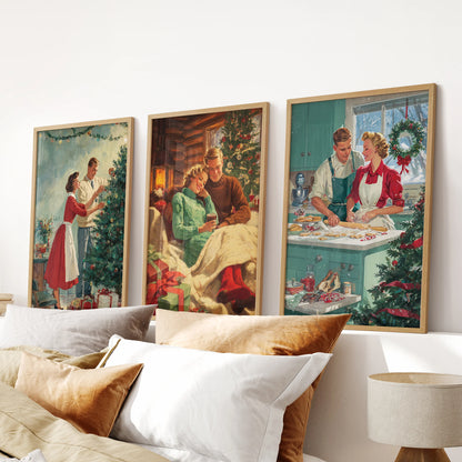 Christmas holiday decoration, set of 3 posters in oak frames, bring a warm nostalgic note to the bedroom above the headboard.