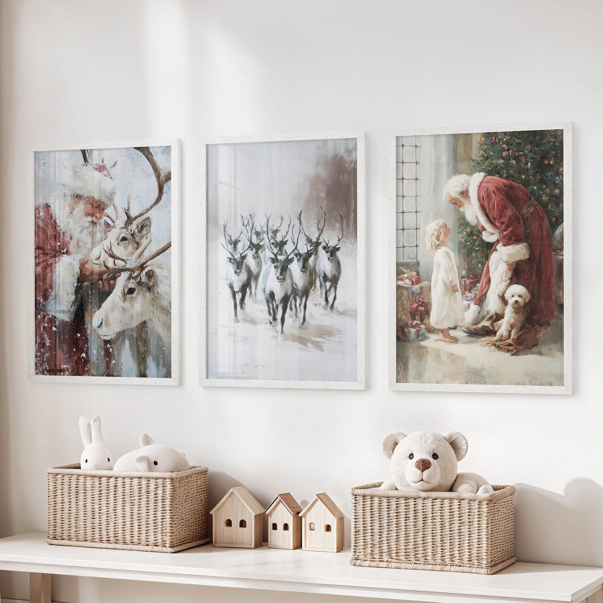 Winter woodland scenes three-piece wall art in white frames sits above the playroom toy organizer, softly vintage and bright for holiday cheer.