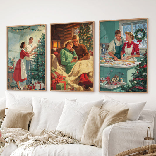 Holiday wall decor set of 3 vintage Christmas illustrations. Thinwood frames for living room.