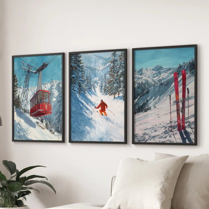 Set of three vintage skiing wall prints in clean black frames, crafted to hang over a living-room sofa with nostalgic motion.
