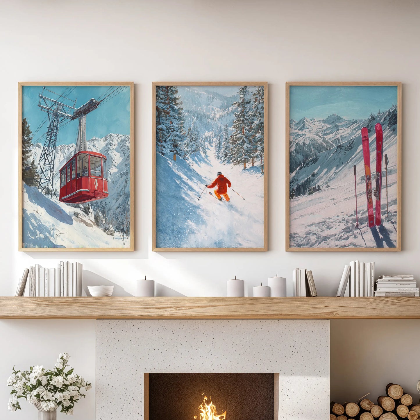 Three warm wood-framed alpine landscape prints form sitting-room wall decor, elegantly centered over the fireplace mantel.