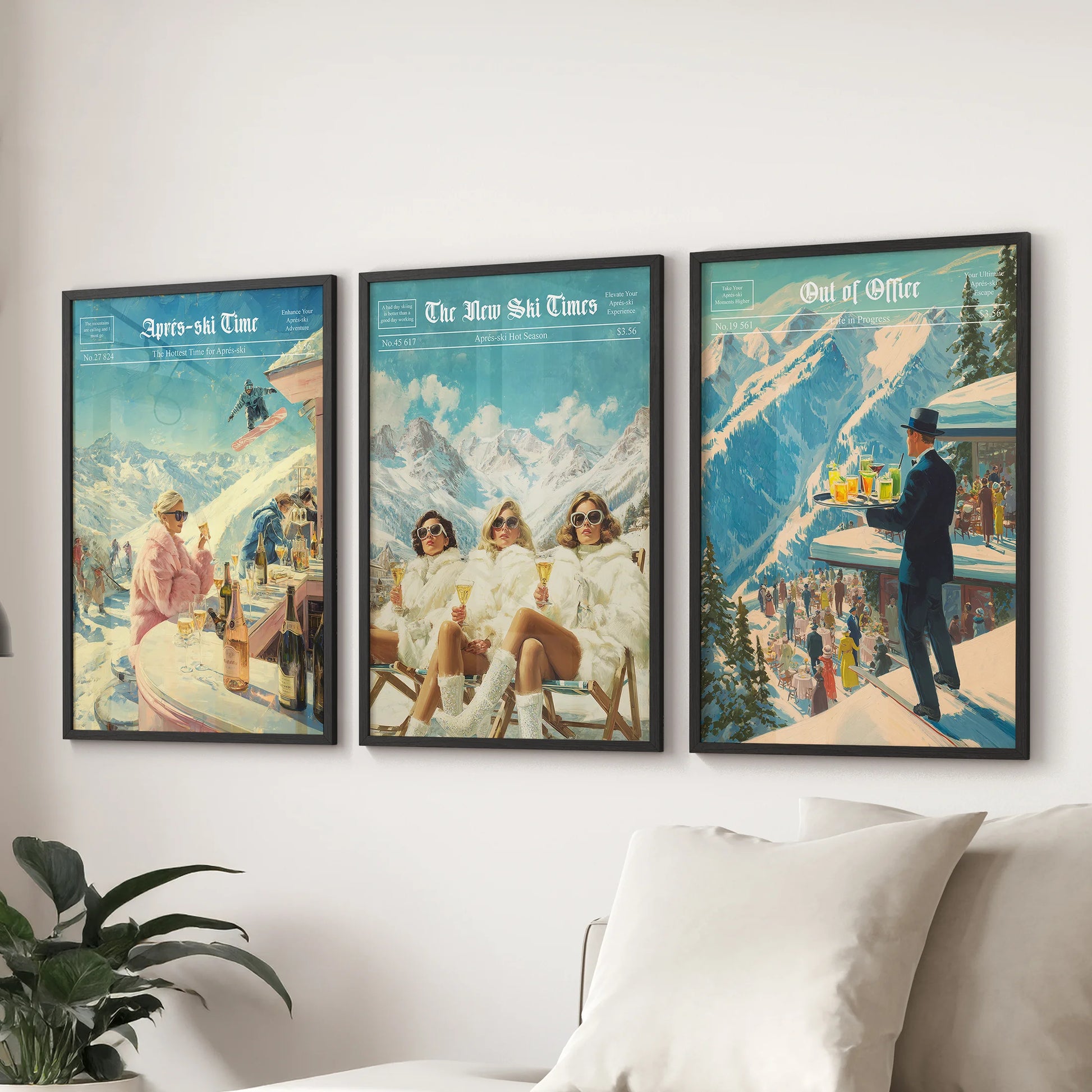 Winter sports nostalgia prints, set of three wall art with black frames, hang over the sectional in the lounge to bring a fireside apres spirit.