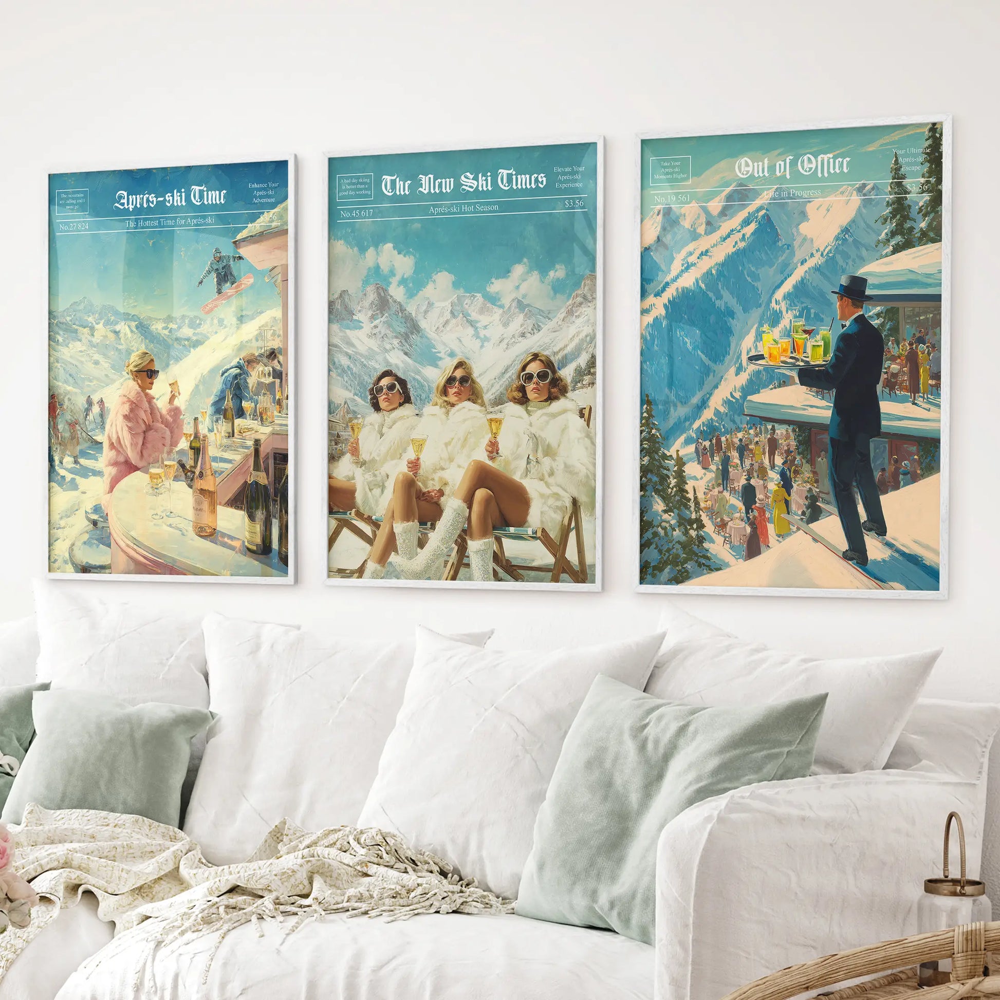 Alpine après-ski posters with champagne, ski slopes, and festive winter vibes. White frames above the sofa.