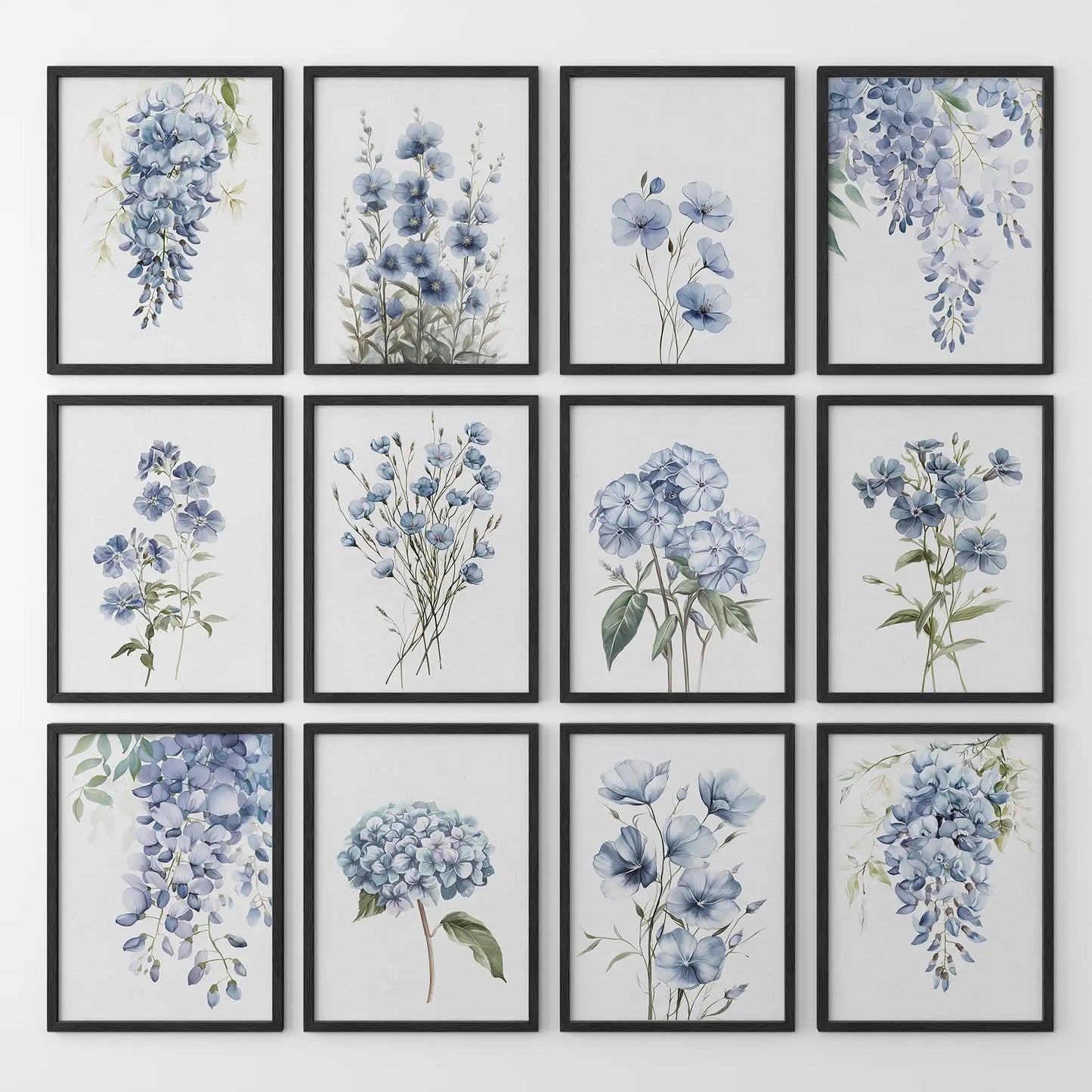 Elegant blue flower art. 12 watercolor prints of wisteria and garden blooms in a calming nature inspired gallery wall. Black frames for kitchen.
