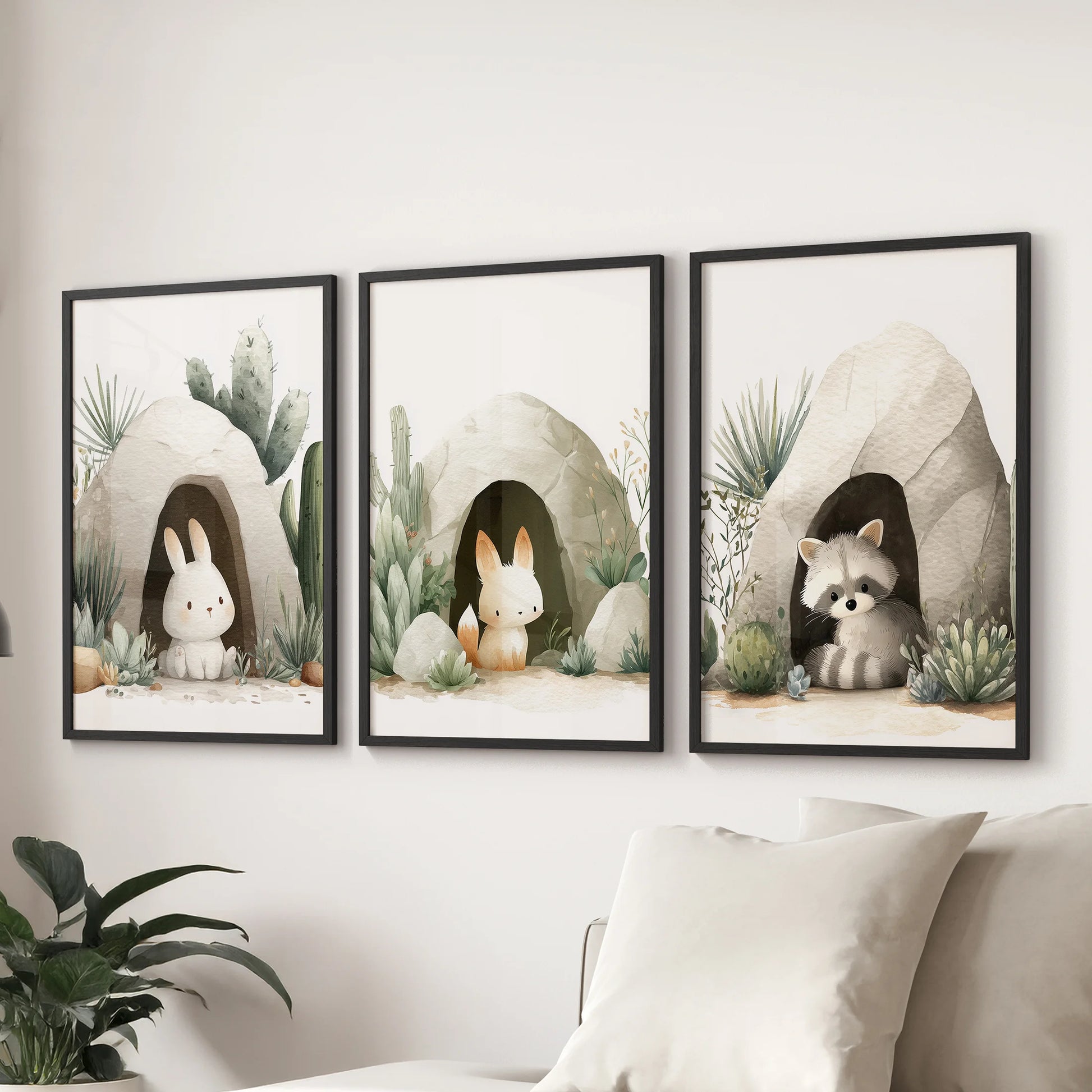 Kids room prints: bunny, bunny, raccoon in soft watercolor, black framed.