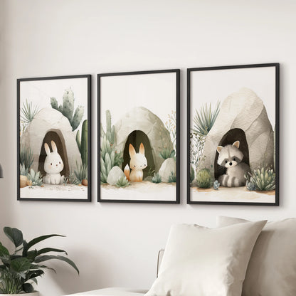 Kids room prints: bunny, bunny, raccoon in soft watercolor, black framed.