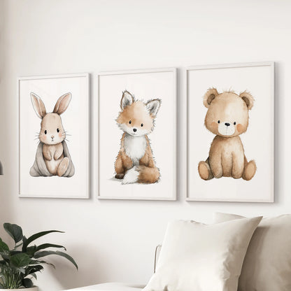 Woodland animals trio set of 3 art prints suit a relaxed lounge, white-framed and arranged over the couch for a soft, storybook accent.