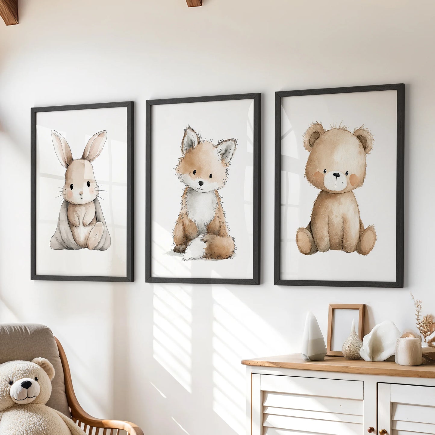 Woodland animals nursery wall decor trio set of three wall art prints in black frames, styled for a kids room and arranged over a dresser for a cozy focal point.
