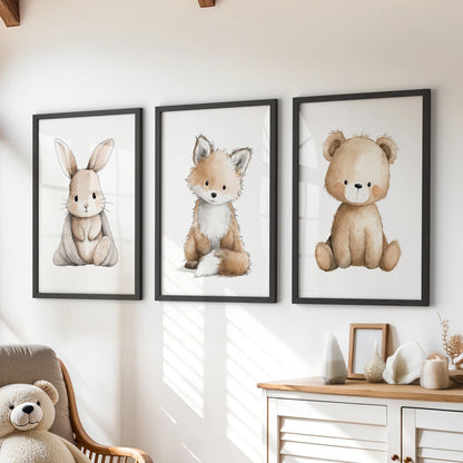 Woodland animals nursery wall decor trio set of three wall art prints in black frames, styled for a kids room and arranged over a dresser for a cozy focal point.
