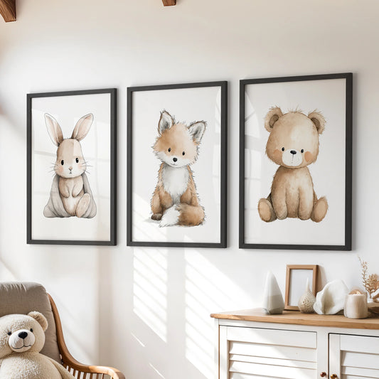 Woodland animals nursery wall decor trio set of three wall art prints in black frames, styled for a kids room and arranged over a dresser for a cozy focal point.
