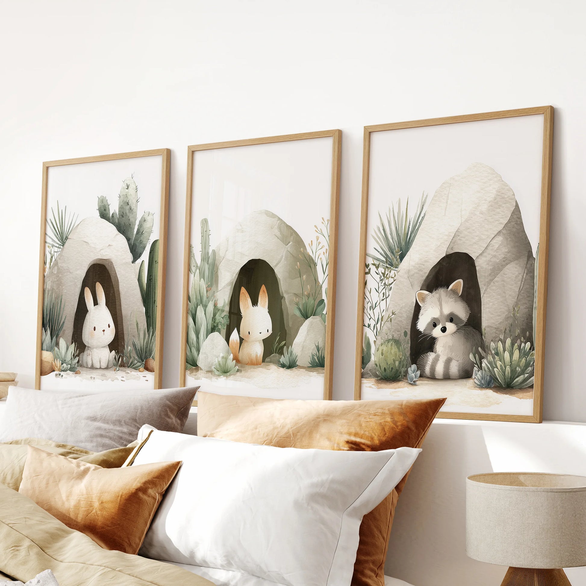 Calm nursery gallery wall, white frames with watercolor cave animals and greenery.