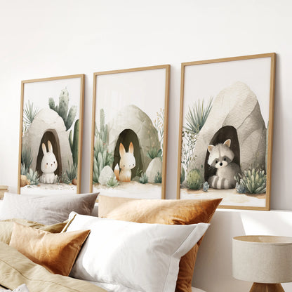 Calm nursery gallery wall, white frames with watercolor cave animals and greenery.