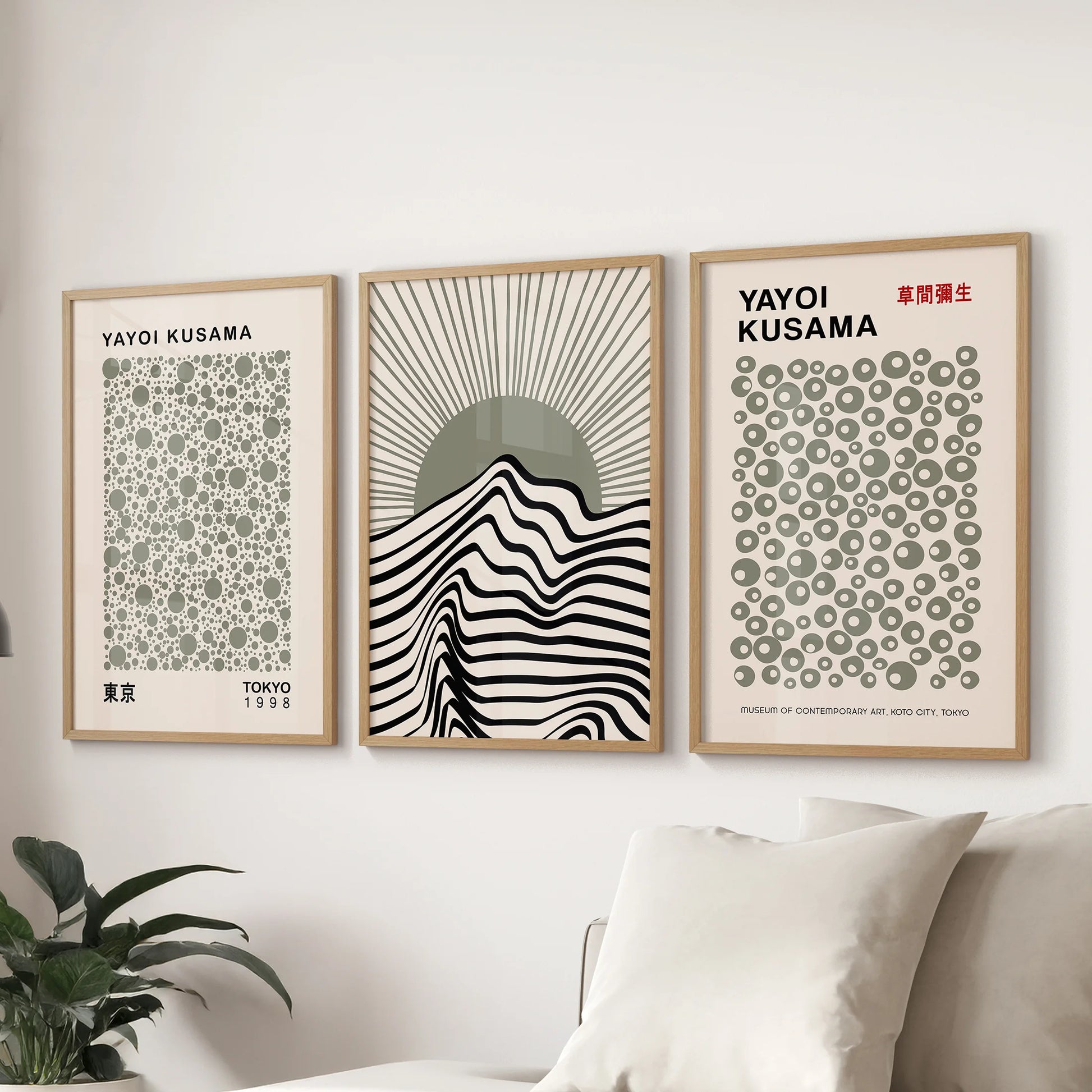 Sage green abstract triptych, a 3 piece wall art set resting above the sofa in light oak frames, bringing gentle rhythm and cohesion to the sitting room.
